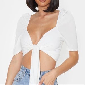 PrettyLittleThing White Puff Short Sleeve Tie Top